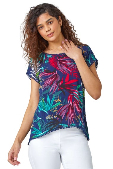 Roman Navy  Tropical Print Bobble Trim T-Shirt