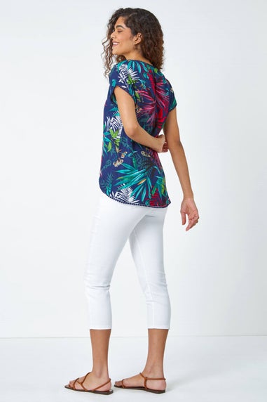 Roman Navy  Tropical Print Bobble Trim T-Shirt