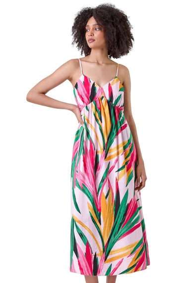 Roman Light Pink Tropical Leaf Tie Detail Midi Dress