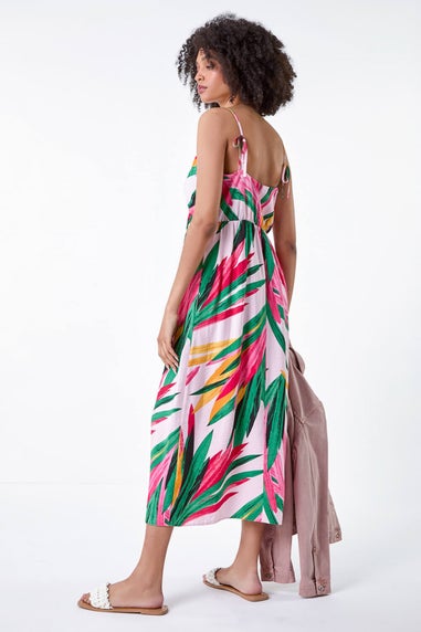 Roman Light Pink Tropical Leaf Tie Detail Midi Dress