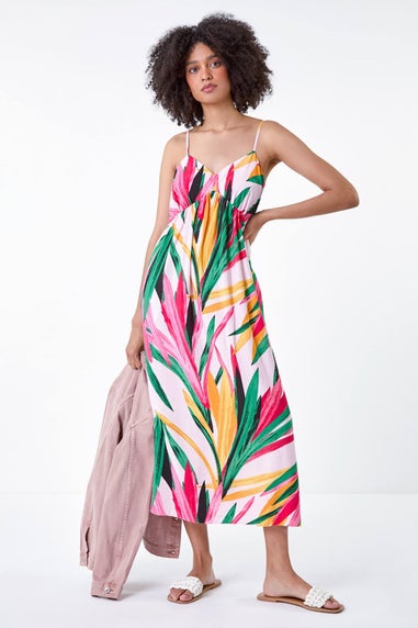 Roman Light Pink Tropical Leaf Tie Detail Midi Dress