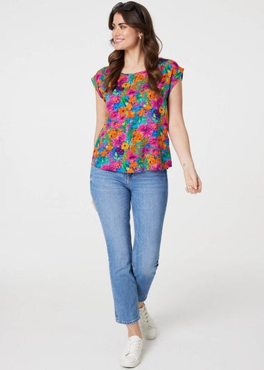 Izabel London Pink Floral Cap Sleeve Round Neck T-Shirt