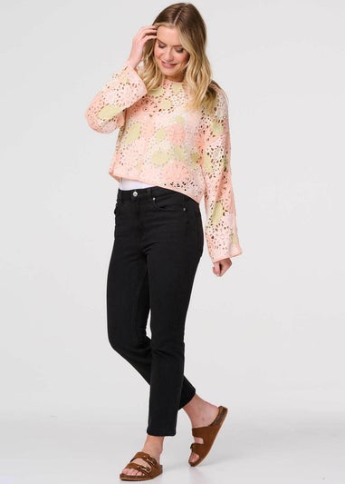 Izabel London Pink Floral Crochet Cropped Long Sleeve Top