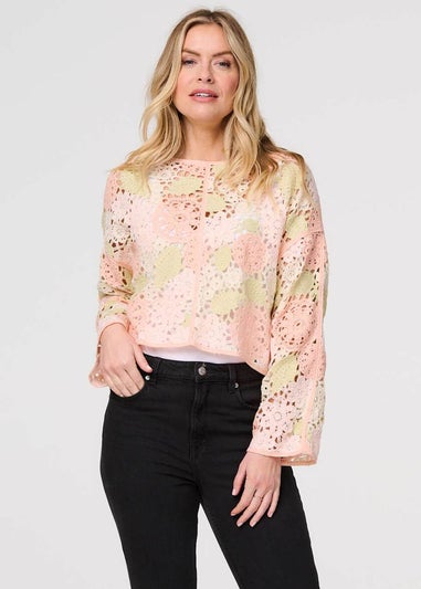 Izabel London Pink Floral Crochet Cropped Long Sleeve Top