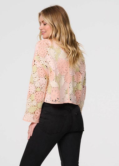 Izabel London Pink Floral Crochet Cropped Long Sleeve Top