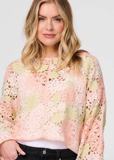 Izabel London Pink Floral Crochet Cropped Long Sleeve Top