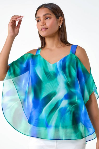 Roman Blue Abstract Print Cold Shoulder Overlay Top