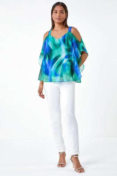 Roman Blue Abstract Print Cold Shoulder Overlay Top