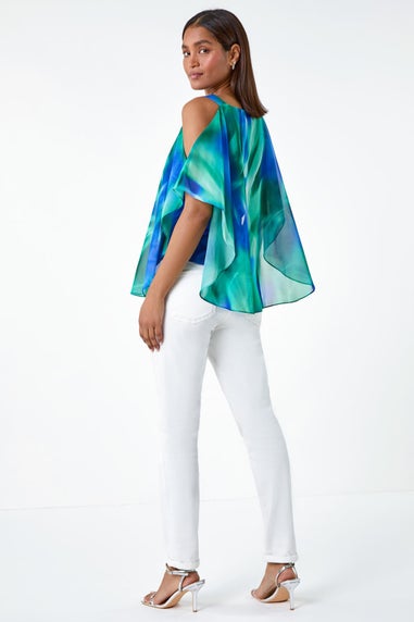 Roman Blue Abstract Print Cold Shoulder Overlay Top