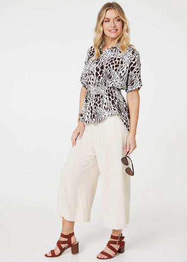 Izabel London Black And White Animal Print Shirred Waist Blouse