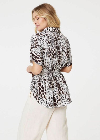 Izabel London Black And White Animal Print Shirred Waist Blouse