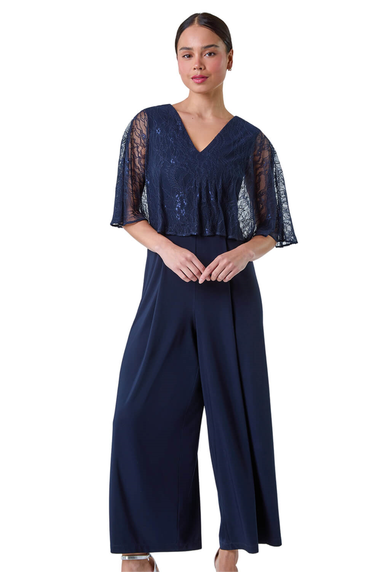 Roman Navy Petite Lace Overlay Wide Leg Jumpsuit