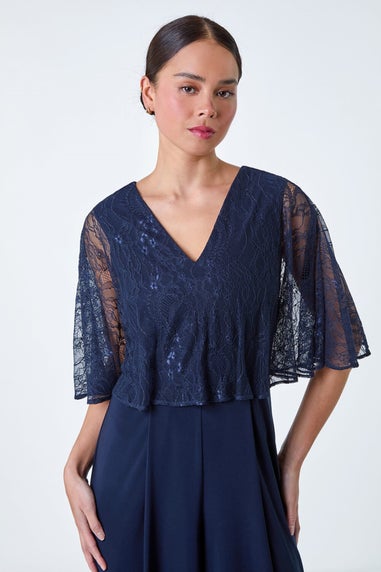 Roman Navy Petite Lace Overlay Wide Leg Jumpsuit