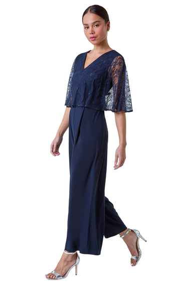 Roman Navy Petite Lace Overlay Wide Leg Jumpsuit