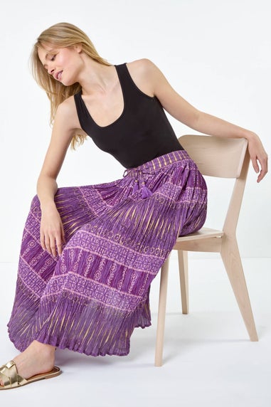 Roman Purple Crinkle Cotton Metallic Foil A Line Midi Skirt