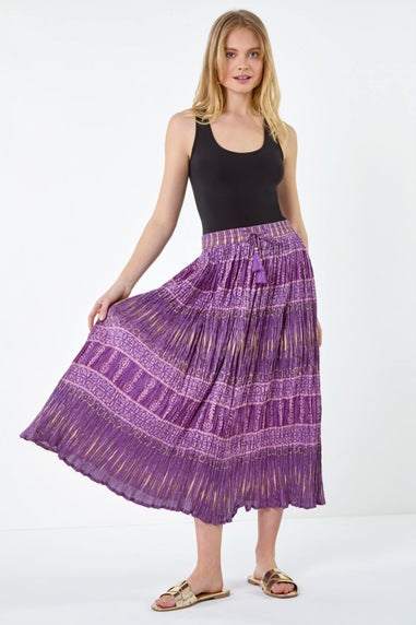 Roman Purple Crinkle Cotton Metallic Foil A Line Midi Skirt