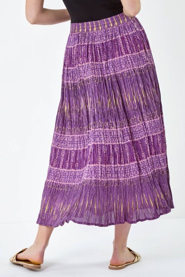 Roman Purple Crinkle Cotton Metallic Foil A Line Midi Skirt