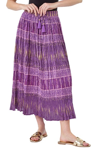 Roman Purple Crinkle Cotton Metallic Foil A Line Midi Skirt