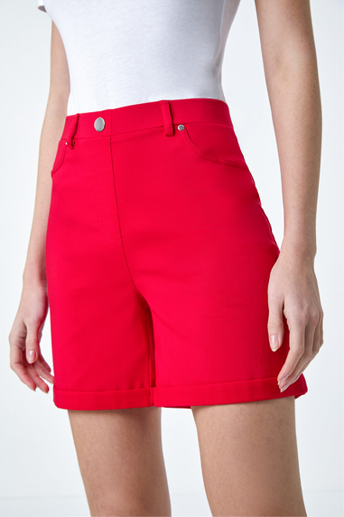 Roman Red Stretch Elastic Waist Turn Up Shorts