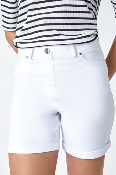 Roman White Stretch Elastic Waist Turn Up Shorts