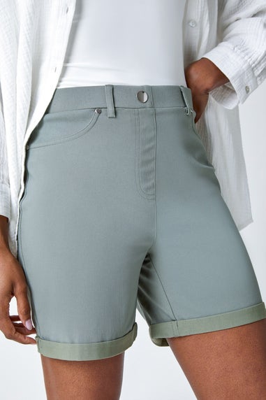 Roman Khaki Stretch Elastic Waist Turn Up Shorts