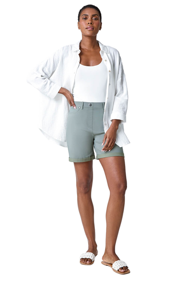 Roman Khaki Stretch Elastic Waist Turn Up Shorts