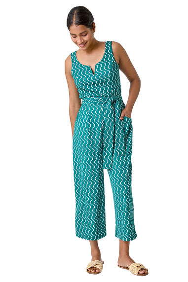 Roman Forest Belted Wave Print Cropped Jumpsuit