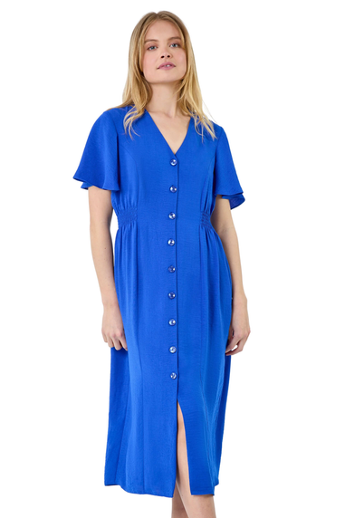 Roman Royal Blue Button Through Shirred Midi Dress