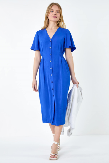 Roman Royal Blue Button Through Shirred Midi Dress