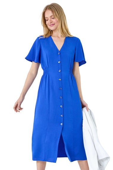 Roman Royal Blue Button Through Shirred Midi Dress