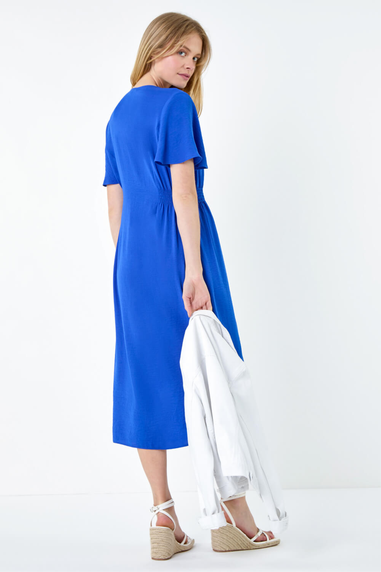 Roman Royal Blue Button Through Shirred Midi Dress