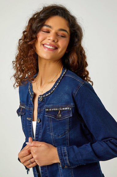 Roman Indigo Collarless Tape Stretch Denim Jacket