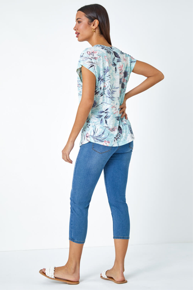 Roman Blue Floral Hotfix Embellished Stretch T-Shirt