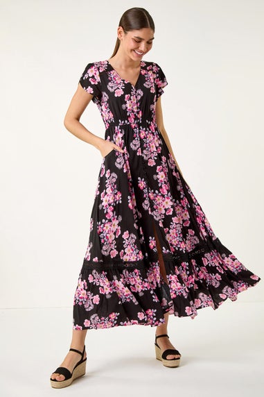 Roman Pink Floral Print Shirred Waist Maxi Dress