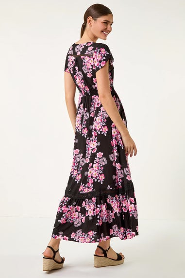 Roman Pink Floral Print Shirred Waist Maxi Dress