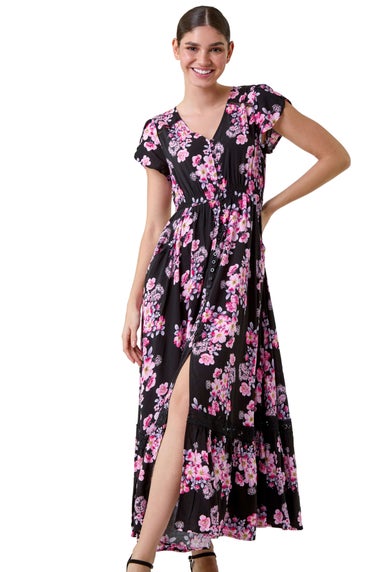 Roman Pink Floral Print Shirred Waist Maxi Dress