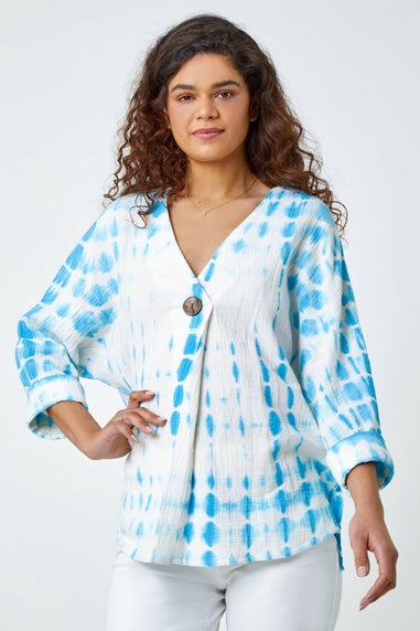 Roman Aqua Cotton Tie Dye Button Detail V-Neck Top