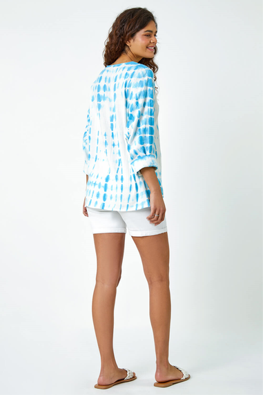 Roman Aqua Cotton Tie Dye Button Detail V-Neck Top