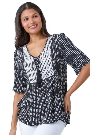 Roman Black Geometric Print Tassel Tie Smock Top