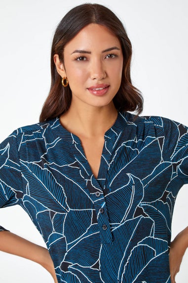 Roman Teal Textured Leaf Print Stretch Shirt