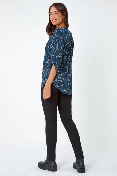 Roman Teal Textured Leaf Print Stretch Shirt