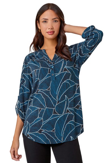 Roman Teal Textured Leaf Print Stretch Shirt