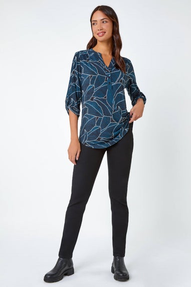 Roman Teal Textured Leaf Print Stretch Shirt