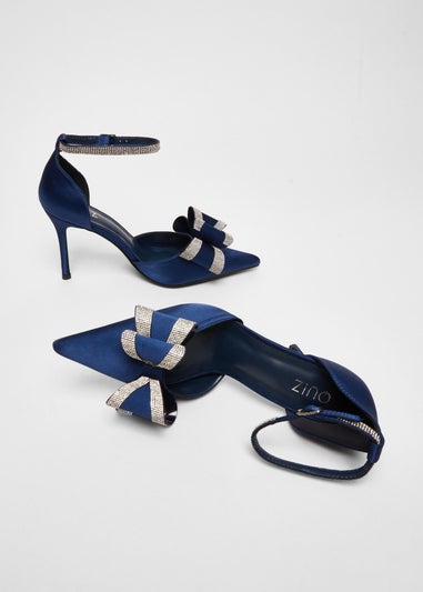 Quiz Navy Satin Diamante Bow Court Heels