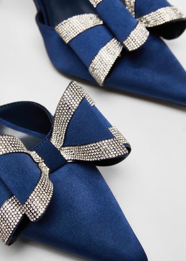 Quiz Navy Satin Diamante Bow Court Heels