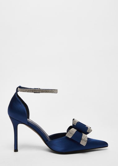 Quiz Navy Satin Diamante Bow Court Heels