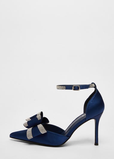 Quiz Navy Satin Diamante Bow Court Heels