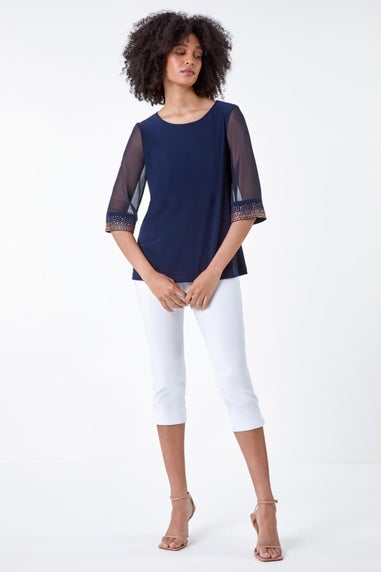 Roman Midnight Blue Sparkle Embellished Cuff Chiffon Top