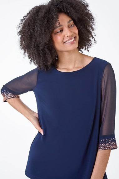 Roman Midnight Blue Sparkle Embellished Cuff Chiffon Top