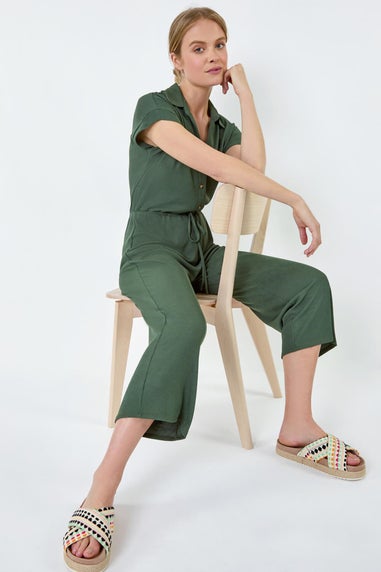 Roman Khaki Plain Ribbed Stretch Jersey Jumpsuit